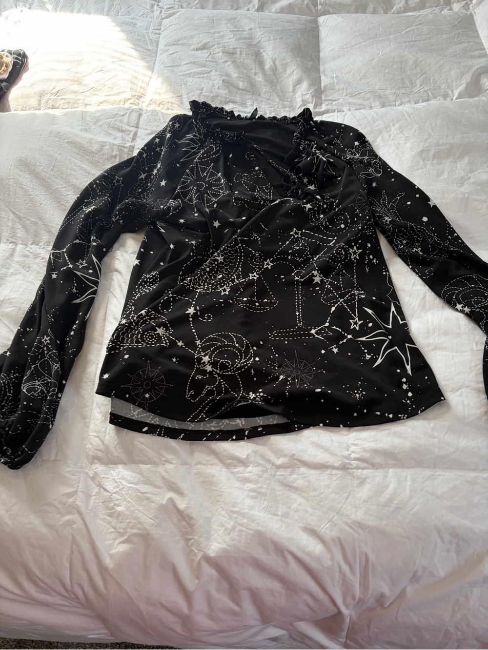 White House Black Market Black Celestial Print Ruffle-Neck Long Sleeve Top - Picture 4 of 7